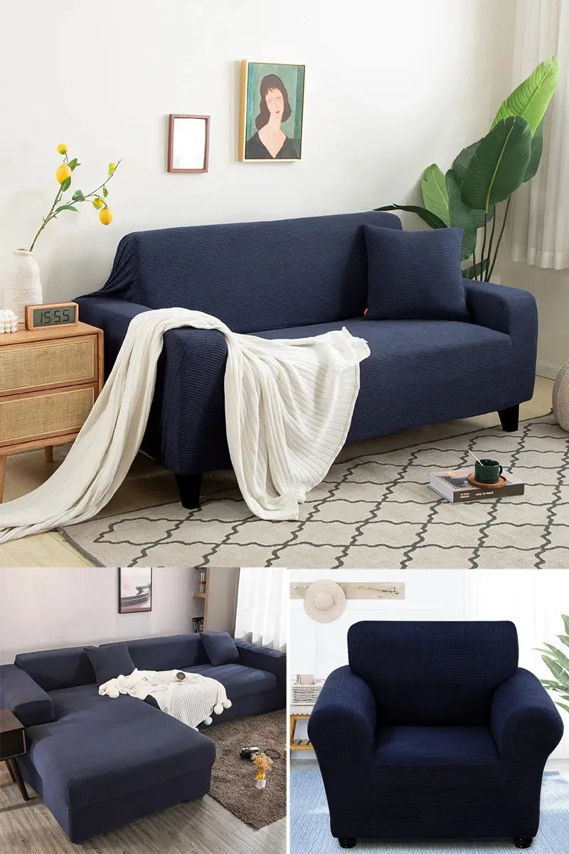 Simples Market navy Jacquard thick sofa protector slipcover set for L-shaped couches and armchair (3-piece)