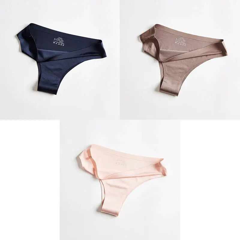 Women's Simples Market ice silk seamless thong panty set in navy, taupe, and blush pink (3-pack)