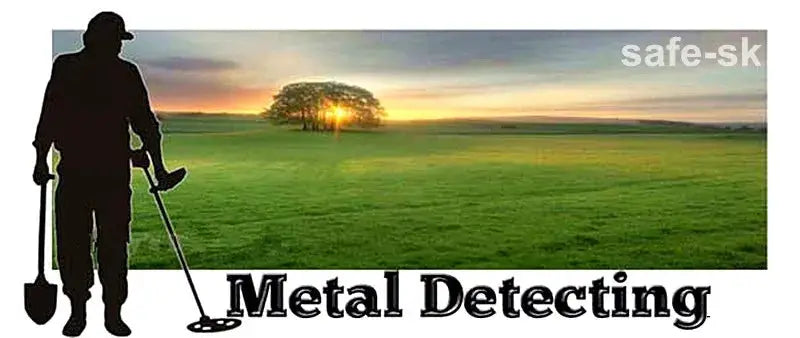 Metal detector banner featuring a detectorist silhouette in a green field at sunset