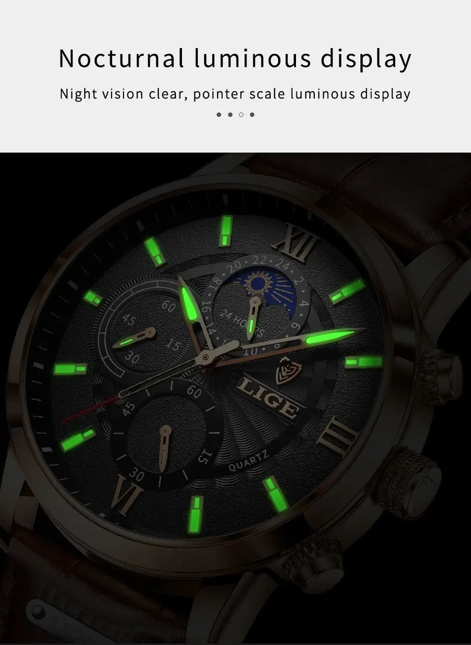 LIGE men's luxury quartz watch with brown leather strap, bronze case, luminous markers, moon phase subdial, boxed.