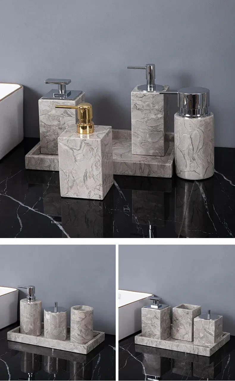 Five-piece bathroom accessories set in natural marble finish with soap dispenser, toothbrush holder, cup, soap dish and cotton swab can.