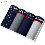 Bonitos 4-pack men's boxer shorts in cotton navy/gray tones with assorted patterns and solids, boxed set