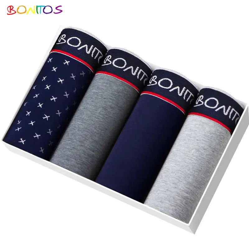 Bonitos 4-pack men's boxer shorts in cotton navy/gray tones with assorted patterns and solids, boxed set