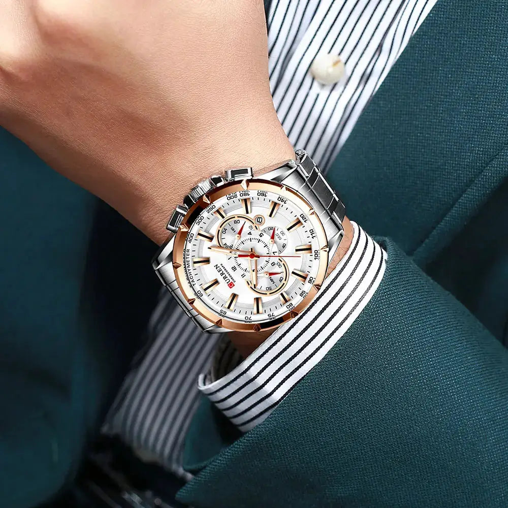 Relogio Masculino Curren chronograph watch, stainless steel with white dial and gold-tone bezel