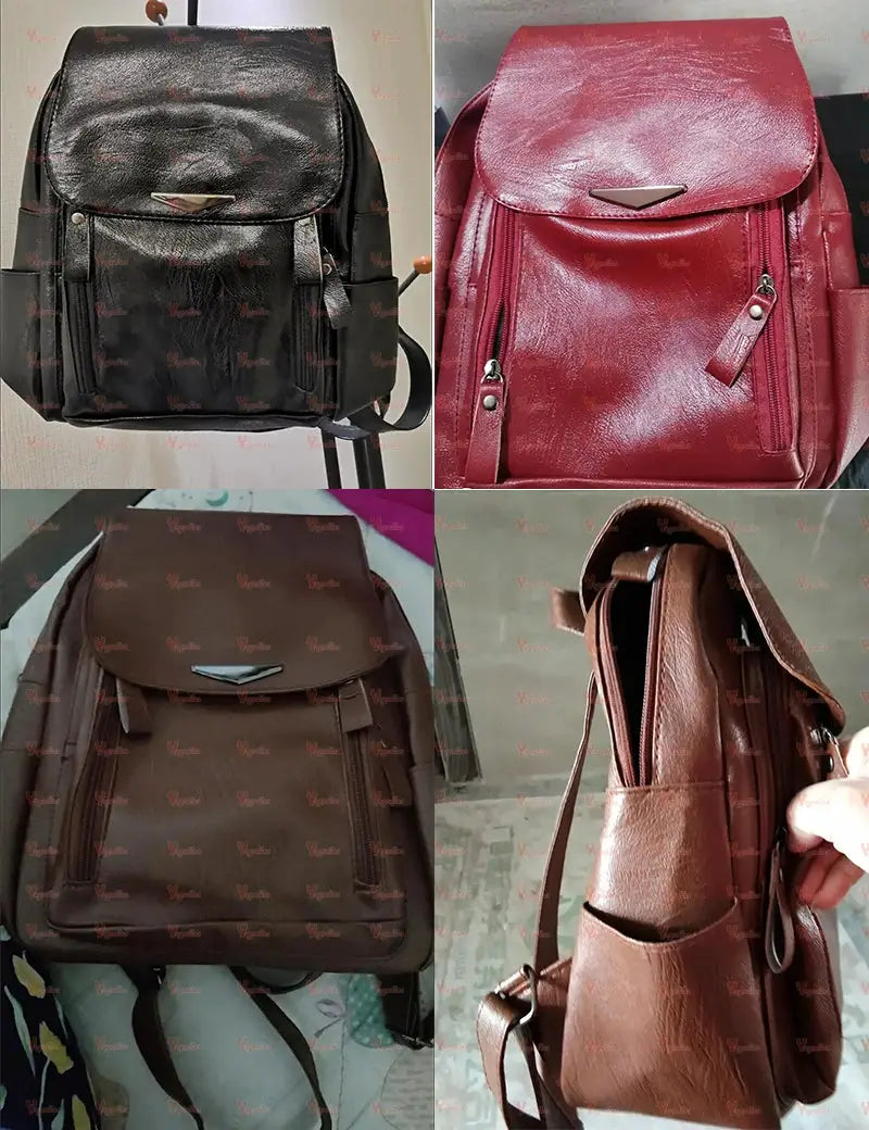 Simples Market Yogodlns luxury PU leather backpacks; four backpacks in black, red, brown with front pockets.
