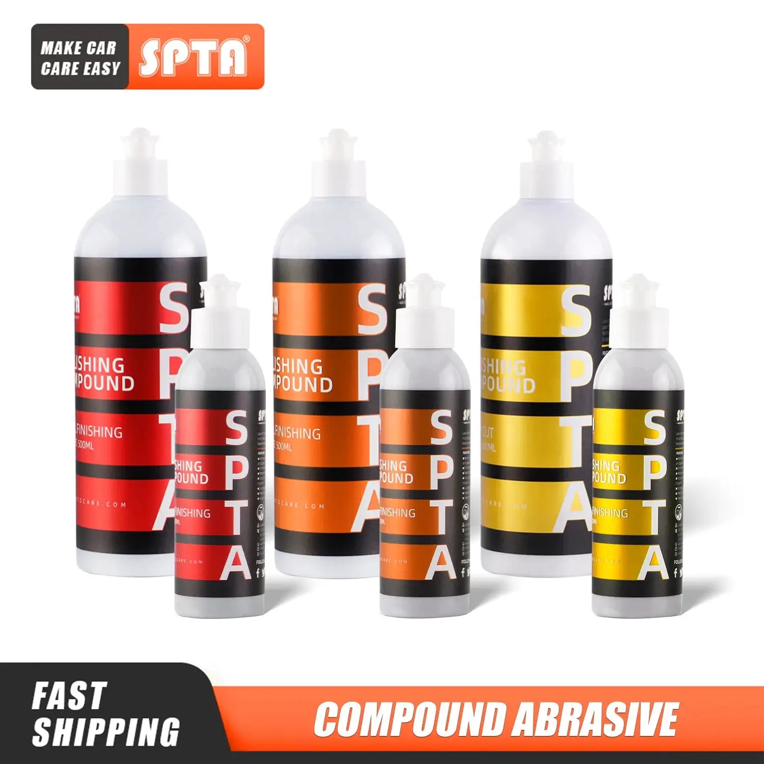 SPTA car scratch remover polishing compounds set by Simples Market; assorted bottle sizes with red, orange and yellow labels