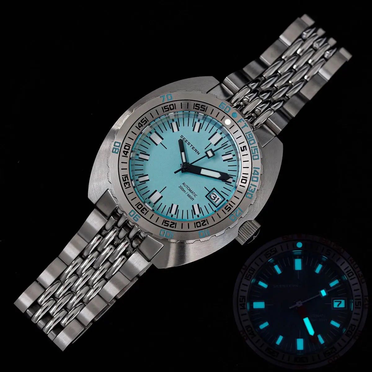 Seestern diver watch with teal dial, stainless steel bracelet, luminous markers, date, 200m WR (2 watches)