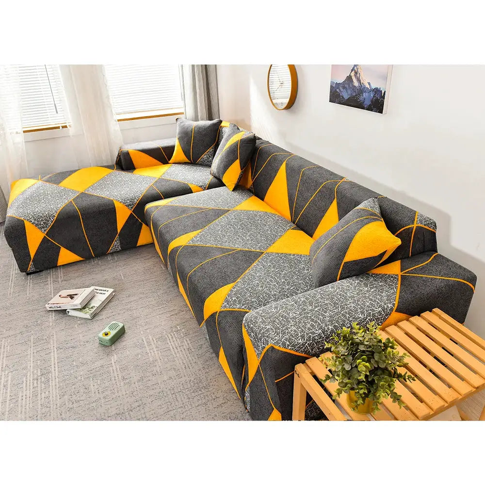 Sofa slipcover for L-shaped corner sofa; grey and yellow geometric print, stretch fabric