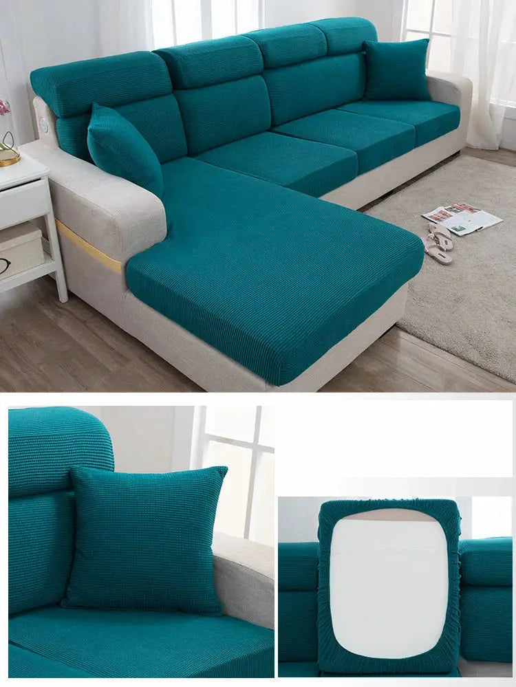 Simples Market solid teal sofa seat cover for L-shaped sectional with elastic edges and matching cushions
