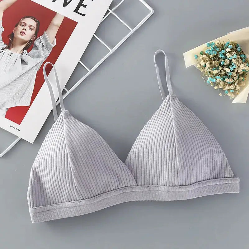 Women's lavender ribbed triangle-cup bralette, wireless cotton blend underwear.