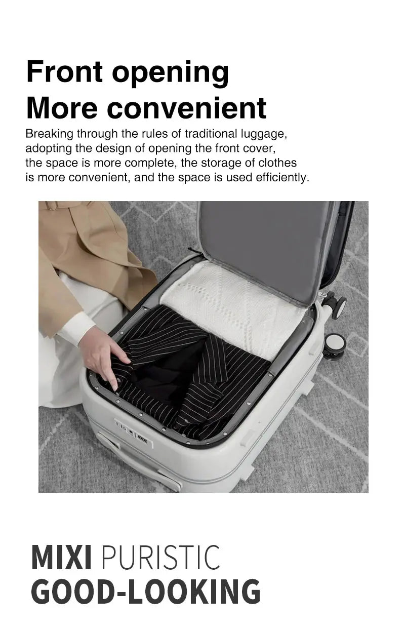 Mixi aluminum frame carry-on suitcase, 18/20/24-inch front-opening design, light gray shell