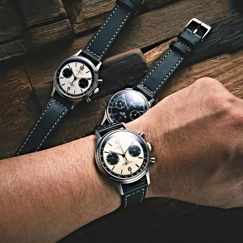 Sugess 1963 Pilot Chronograph Panda watches, cream dial with black subdials, leather straps (3 watches)