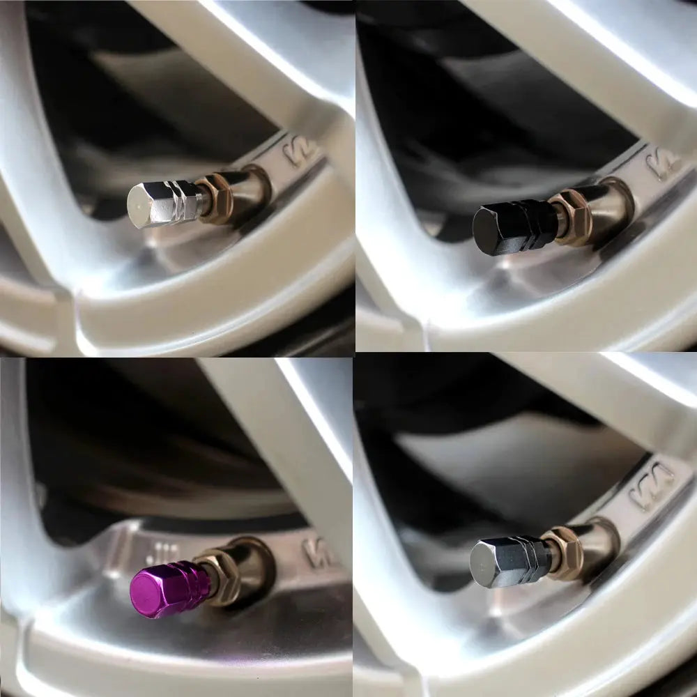 Aluminum tire valve caps set of 4 by Simples Market in silver, black, purple