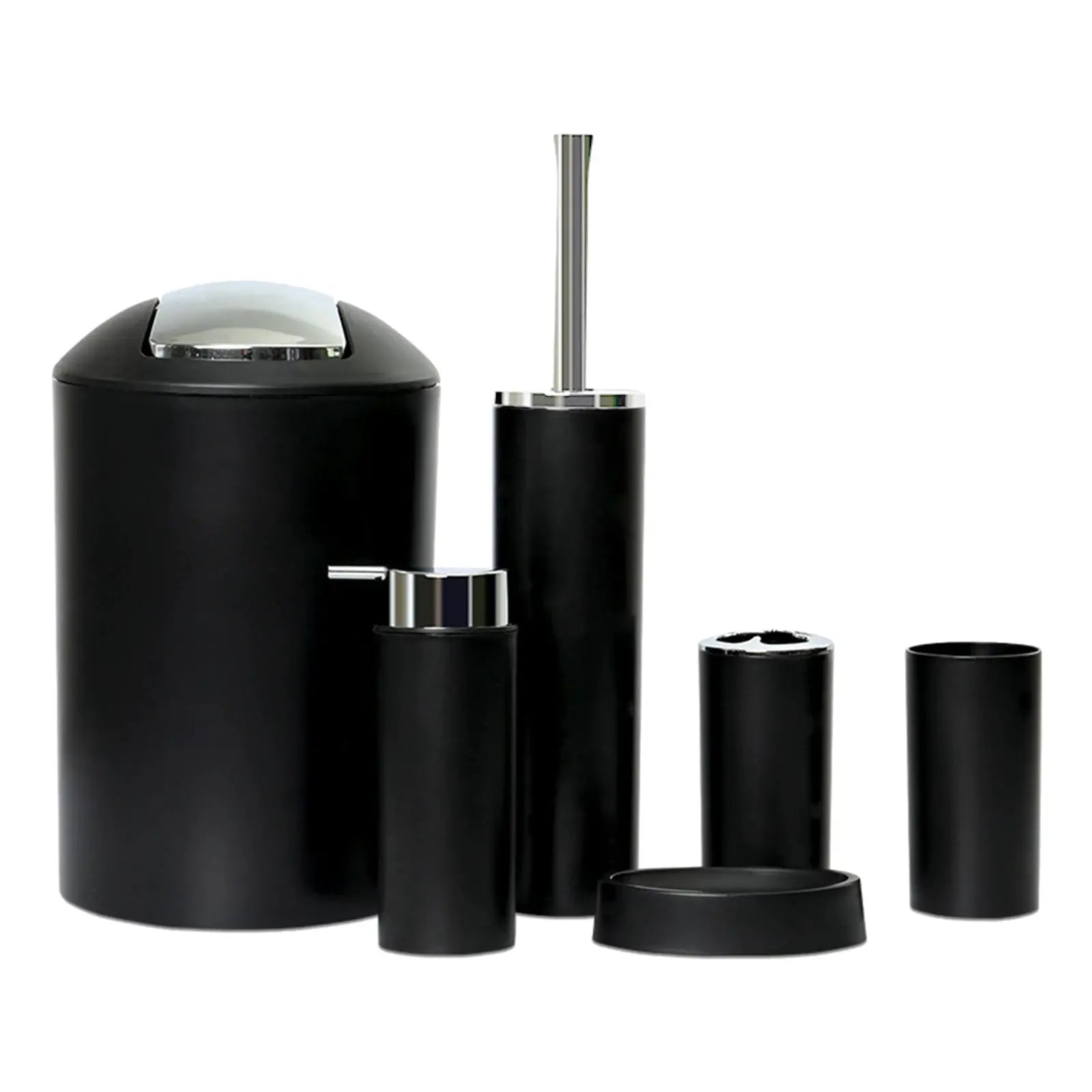 Simples Market 6-piece black plastic bathroom set with chrome accents: trash can, toilet brush holder, soap dish.