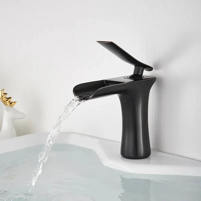 Basin faucet Simples Market, black finish, single-handle waterfall bathroom mixer.