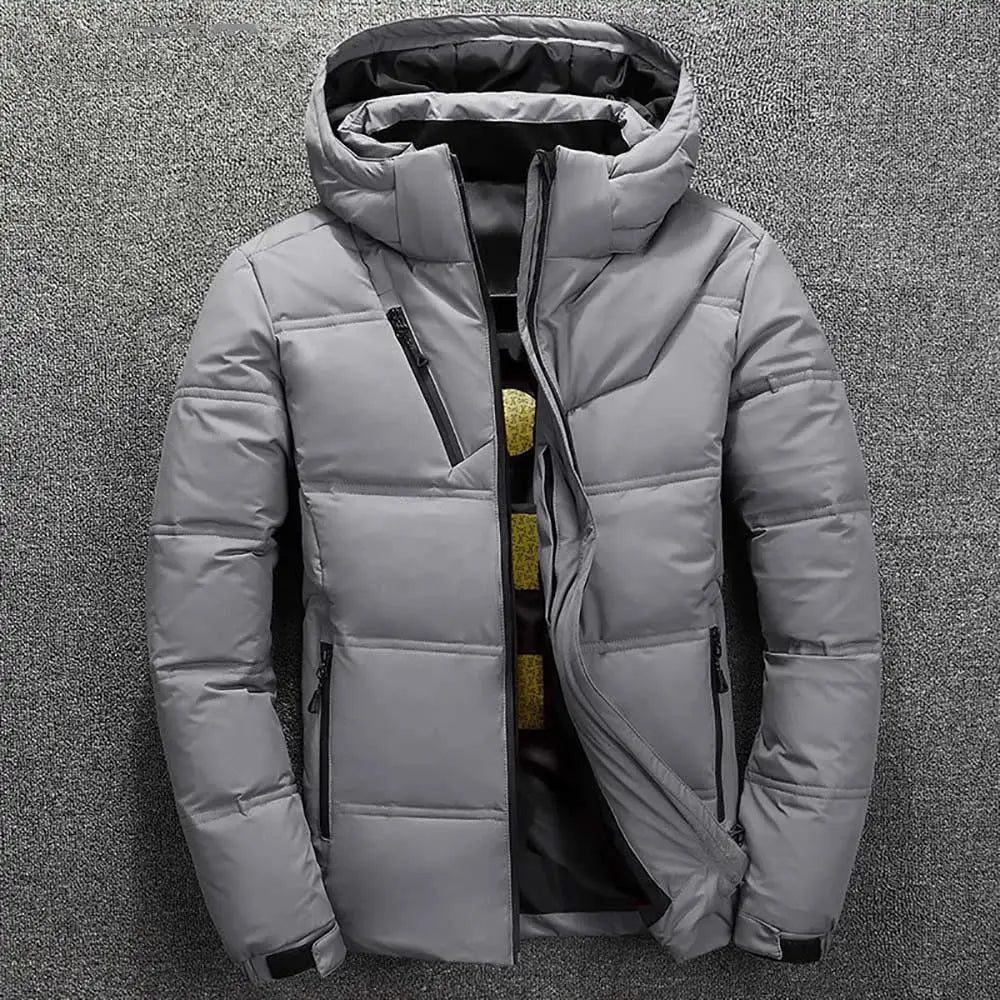 Men's gray puffer jacket with hood and stand collar; zippered pockets.
