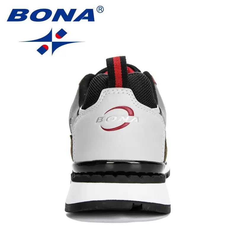 BONA men's leather sport shoe back view; white upper with red pull tab and black heel collar