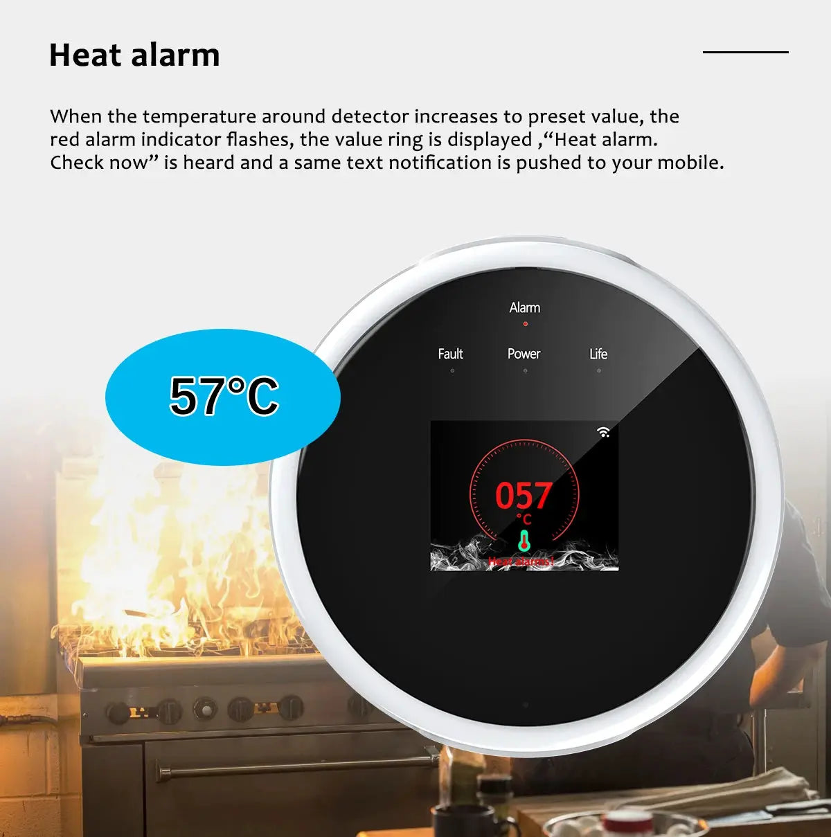 Tuya WiFi gas detector, circular device with white bezel and LED display showing 057°C heat alarm.