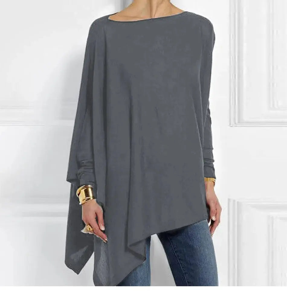 Cotton irregular women's blouse by Simples Market, gray long-sleeve O-neck with asymmetrical hem