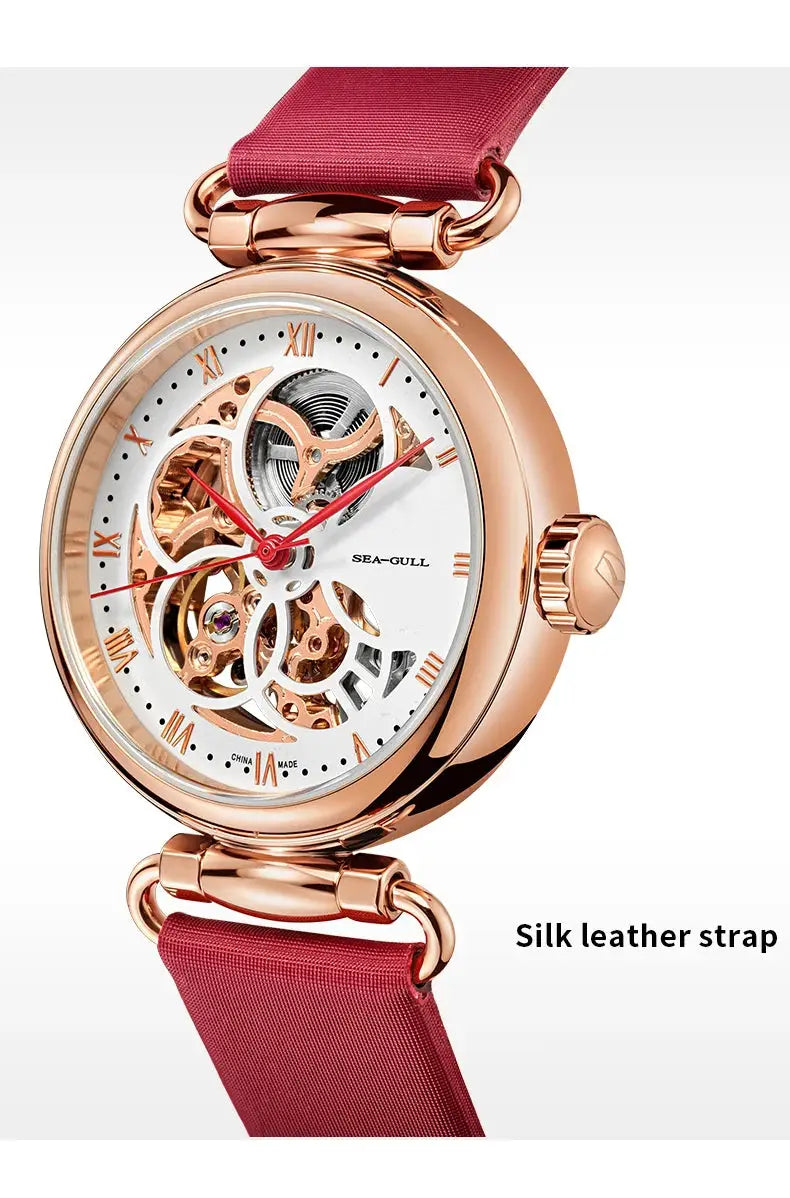 Sea-Gull rose-gold skeleton automatic women's watch with silk leather strap