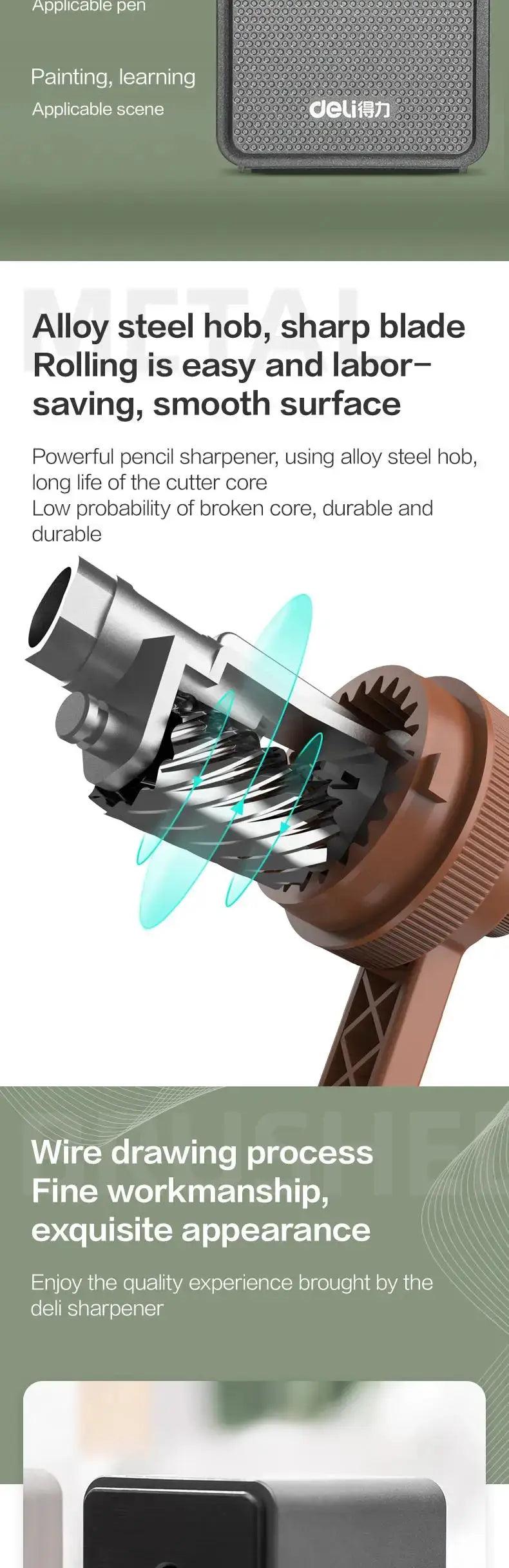 Deli adjustable pencil sharpener with hand crank and long-lasting alloy steel blade for tabletop use