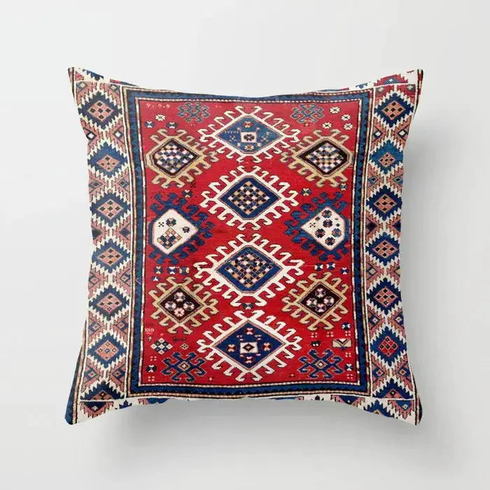 Nordic Moroccan style pillow cover; red with blue and cream geometric patterns, decorative cushion.