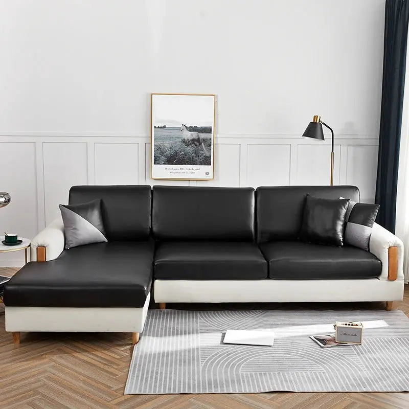 Sofa cover for a black PU leather corner sectional, waterproof with elastic stretch fit