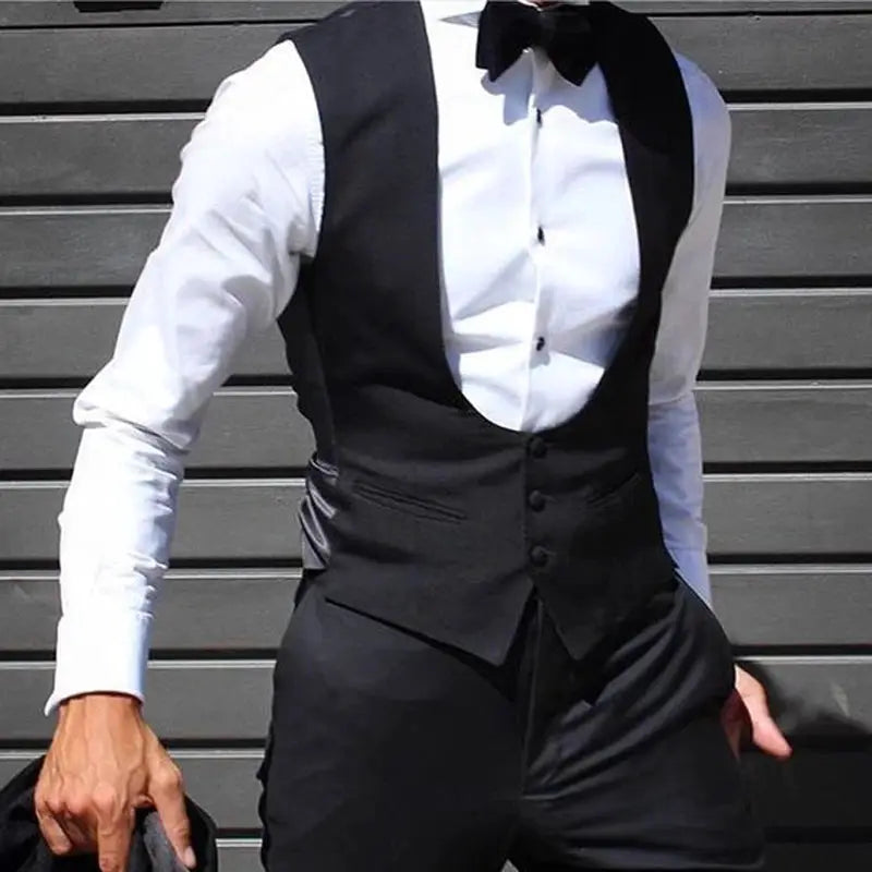 Black men's wedding waistcoat, slim-fit, solid color.