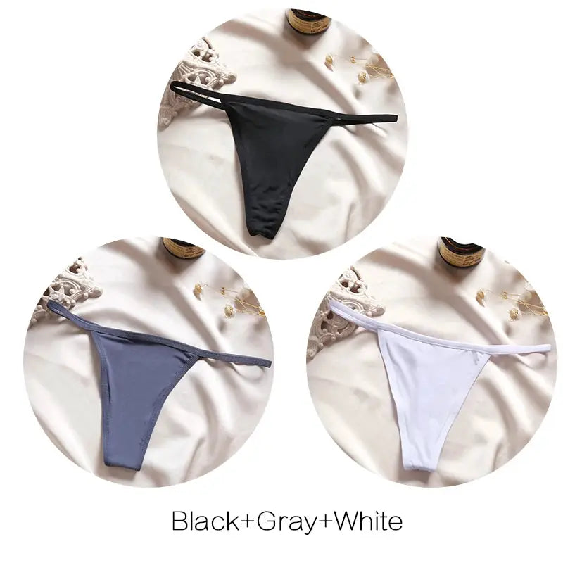 FINETOO 3-piece low-rise thong panty set by Simples Market in black, gray, and white