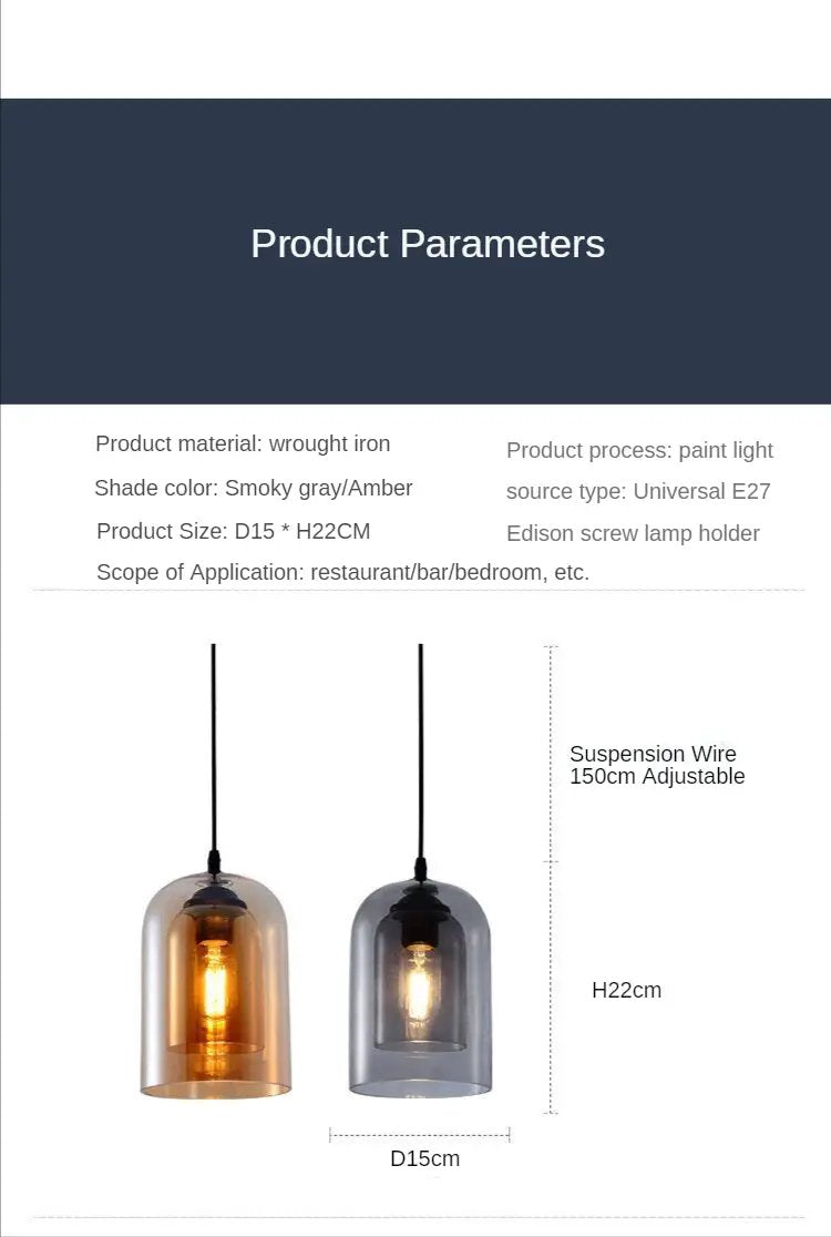 Led Pendant Lamp Nordic Gray Glass, smoky gray and amber domed pendants by Simples Market, 2-pack, E27 suspension