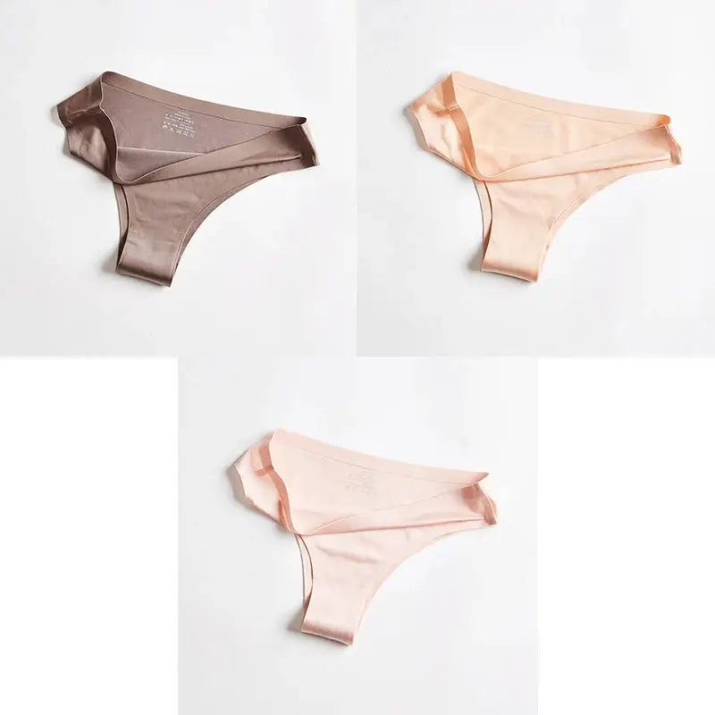 Simples Market women's ice silk seamless thong panties in brown, nude, and blush pink (set of 3)