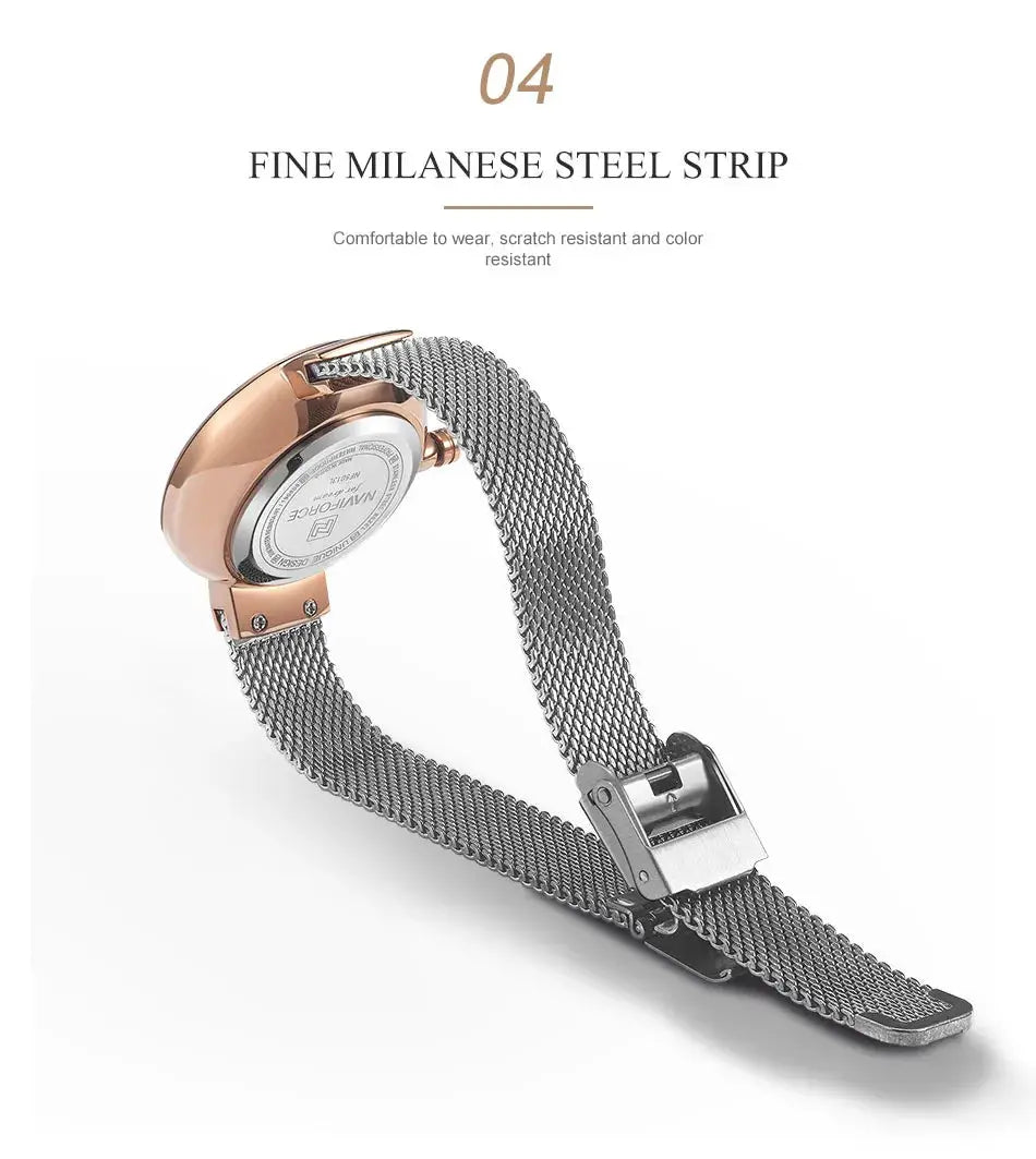 NAVIFORCE women’s watch on a silver steel mesh strap with a rose-gold case, waterproof quartz