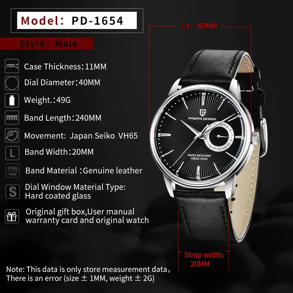 Pagani Design PD-1654 men's stainless steel watch with black dial and leather strap, water resistant