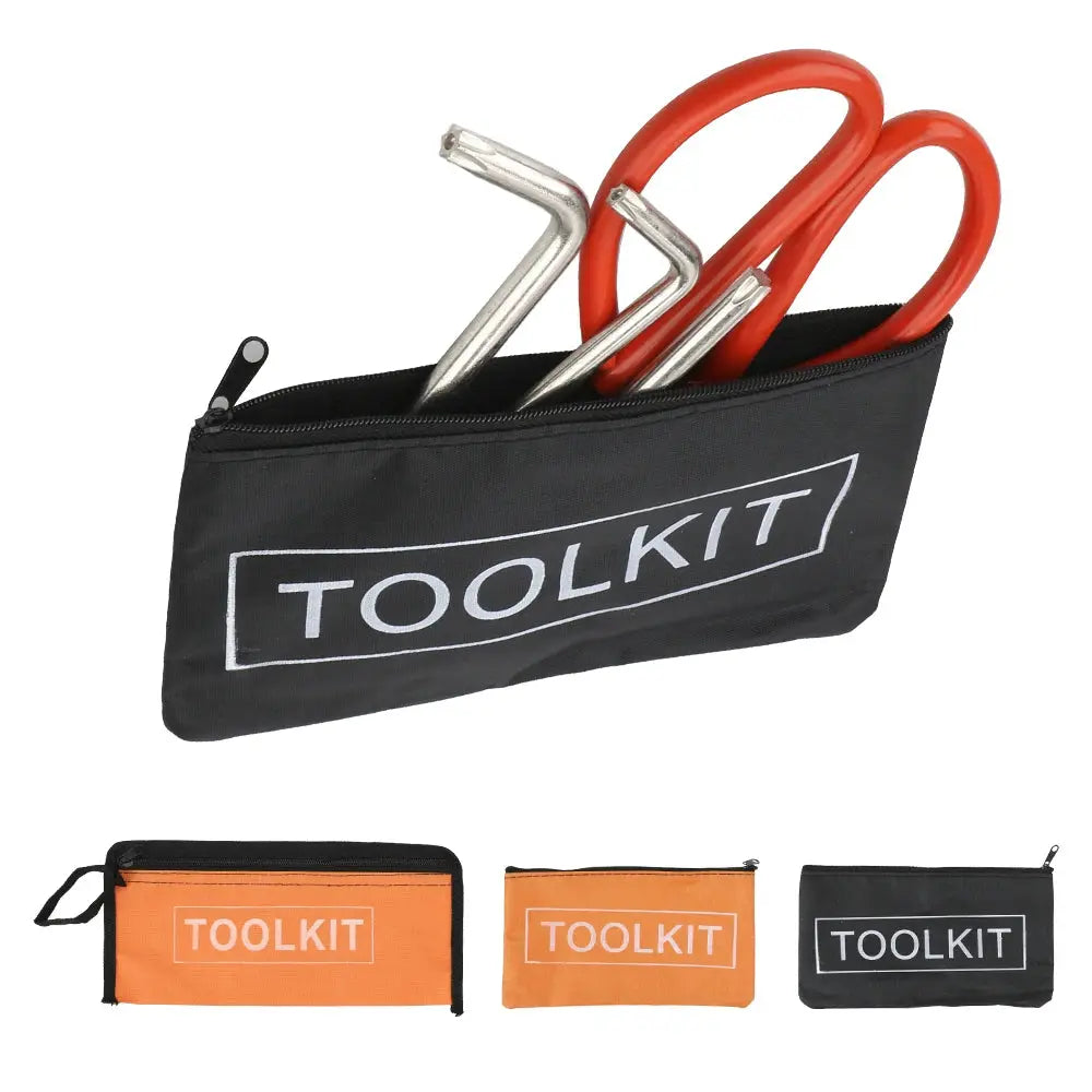 Toolkit bag set with four TOOLKIT canvas pouches; black and orange waterproof storage bags with zippers.