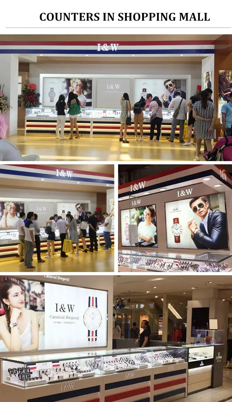 Men's watches on display at I&W mall counter with glass cases and large posters