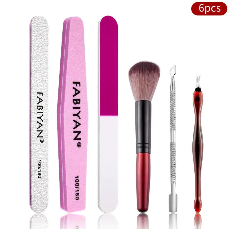 Manicure set 6-piece by Simples Market with pink and white emery files, buffer, brush, and cuticle tools