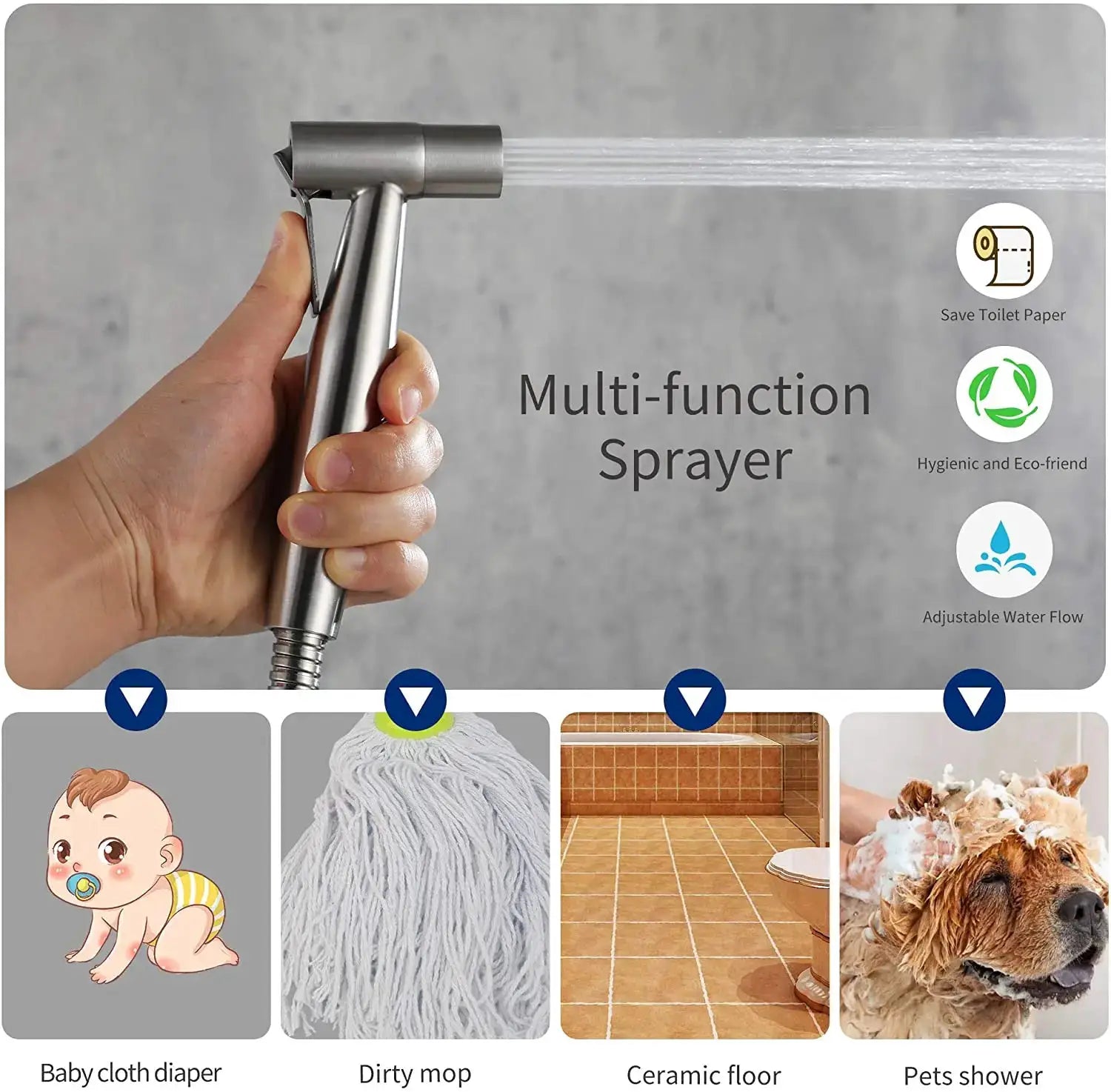 Toilet bidet sprayer set, stainless steel handheld hose for bathroom use, multi-function.