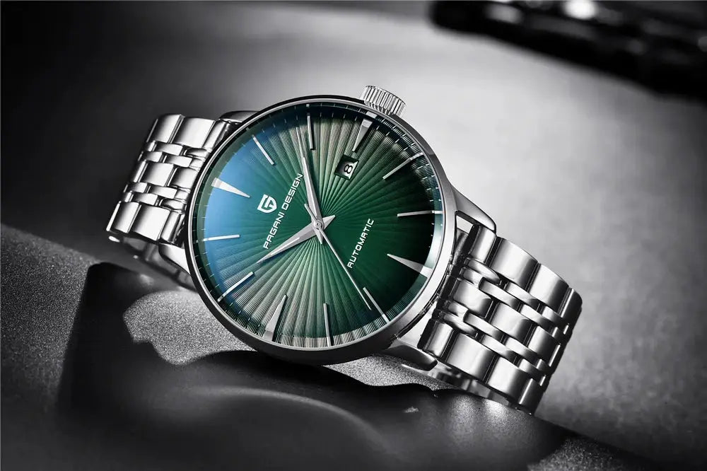 PAGANI DESIGN men's stainless steel automatic watch with green sunburst dial, date window, waterproof