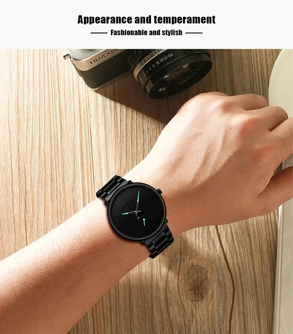 CRRJU stainless steel men's watch, black with blue accents, waterproof quartz sport watch on wrist.