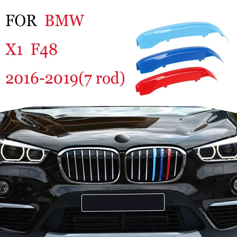 3-piece front grille trim strips for BMW; blue and red accent inserts for multiple series