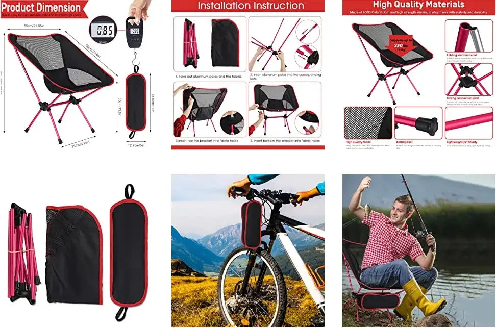 Simples Market portable folding chair with pink frame and black mesh seat; ideal for camping, fishing, hiking, includes carry bag