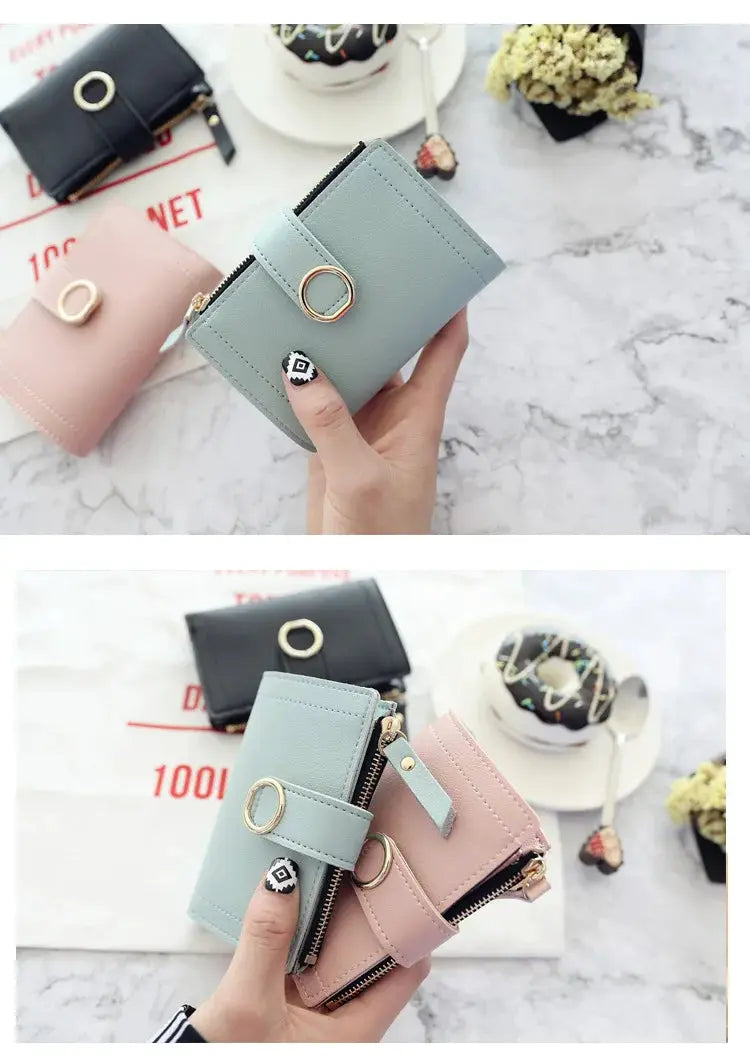Short PU wallet with zipper card holder by Simples Market; pastel blue, pink and black, set of 3 wallets.