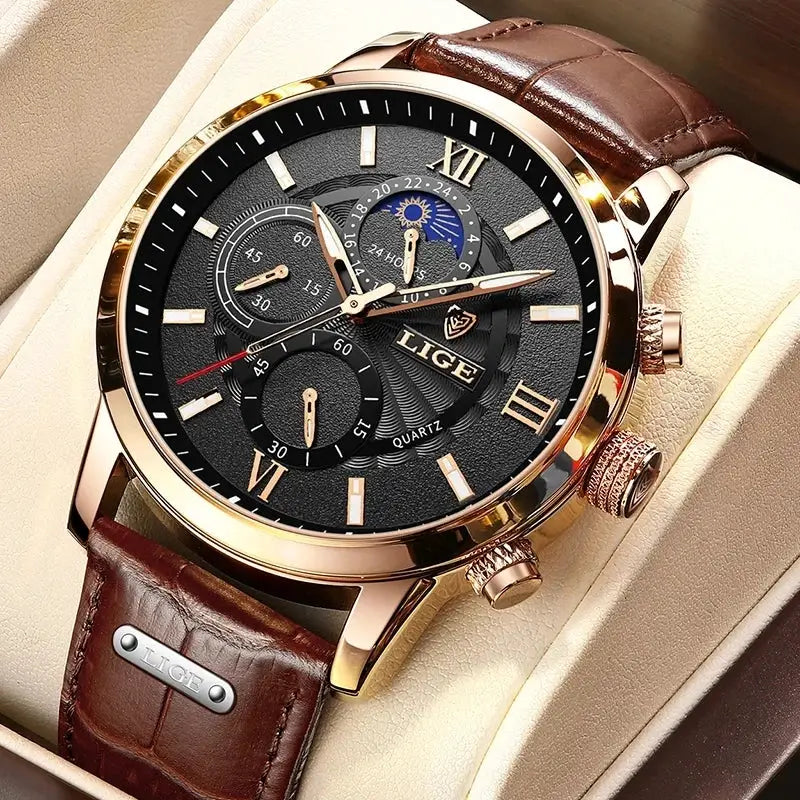 LIGE men's luxury quartz watch with brown leather strap, rose-gold case, black dial and subdials