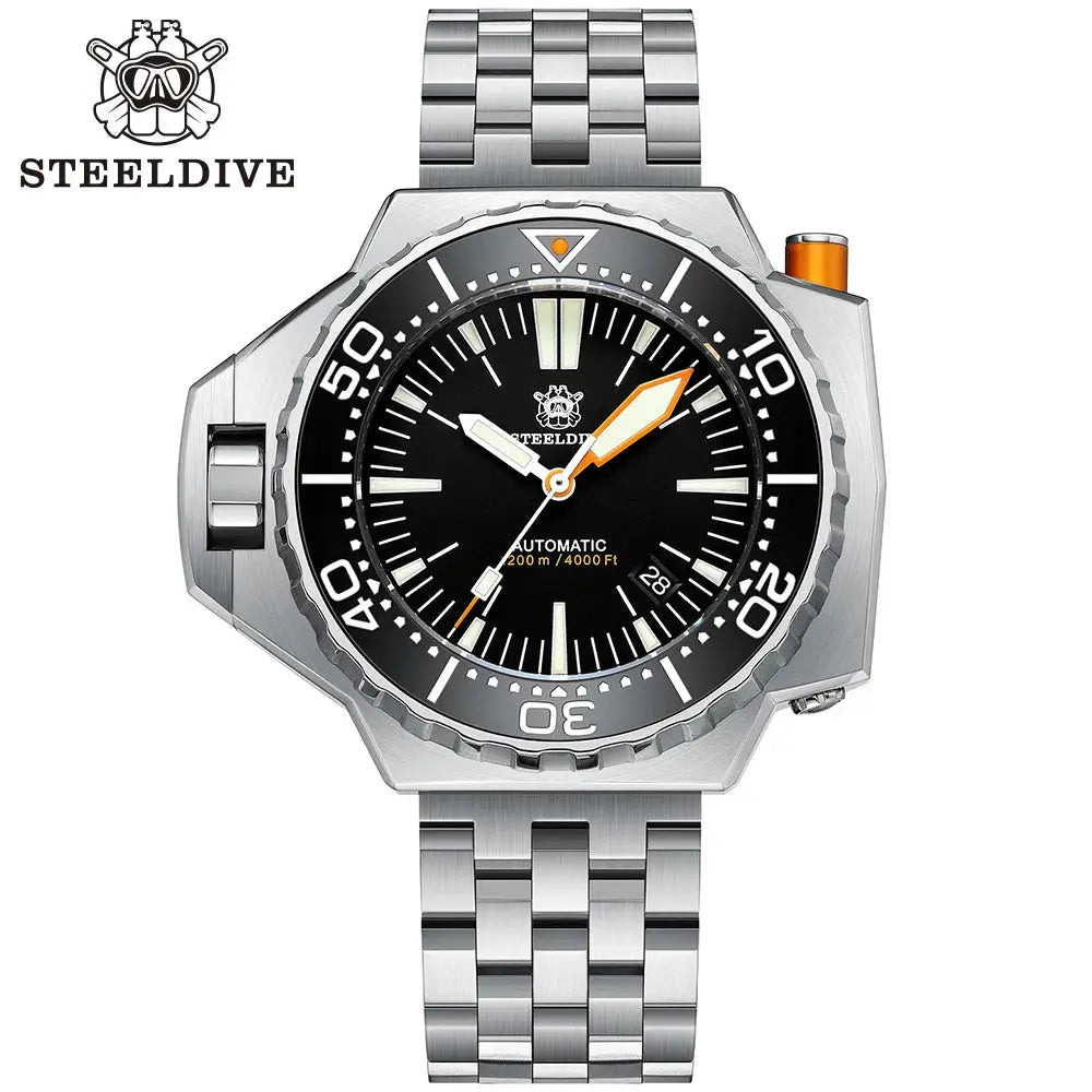 Steeldive Proplof SD1969 V3 dive watch with stainless steel bracelet, black dial, orange crown, automatic movement.