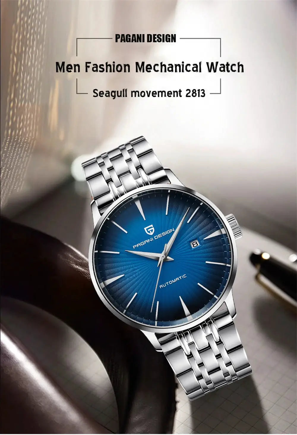 PAGANI DESIGN men's watch with stainless steel bracelet, blue dial, automatic movement, date window.