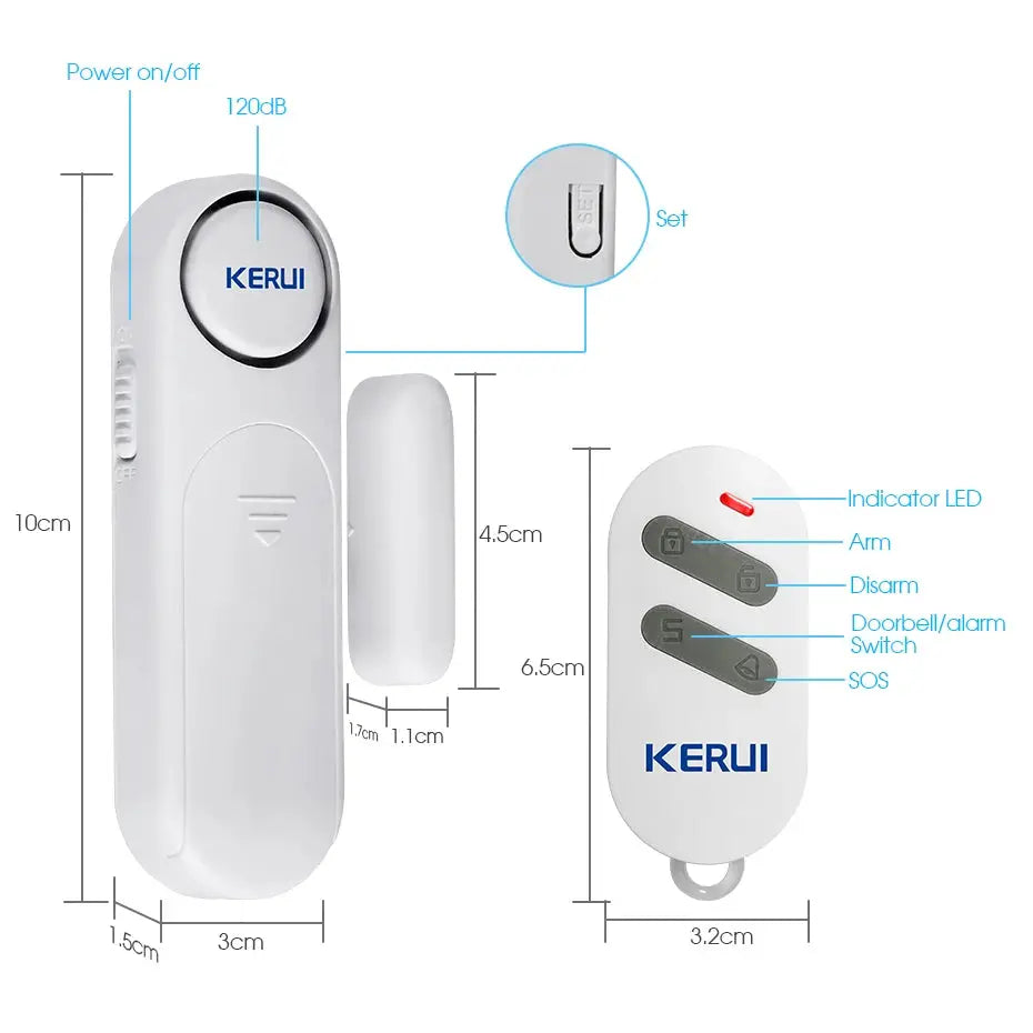 KERUI wireless door/window sensor alarm kit with remote, white kit, 120dB alarm, 300ft range