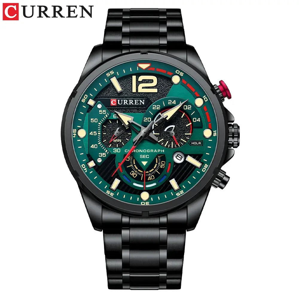 CURREN men's waterproof stainless steel chronograph watch with green dial and black bracelet