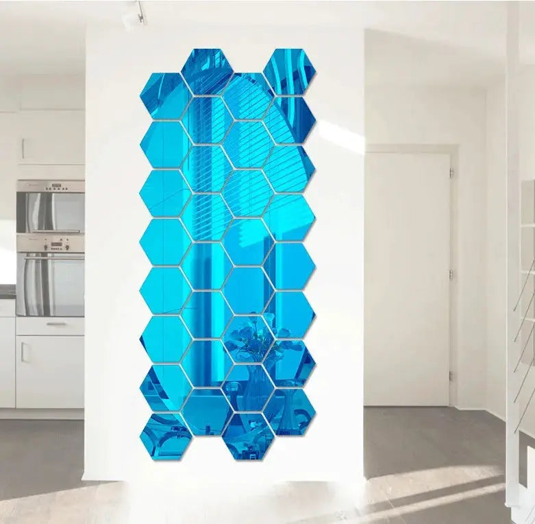 3D blue hexagon mirror wall sticker set on a white wall; self-adhesive decorative tiles forming a vertical panel (126mm)