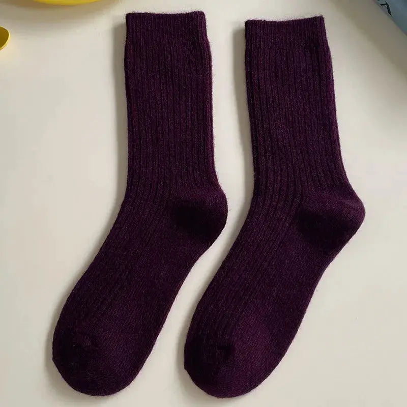 CHAOZHU Thick Warm Merino Wool Rib Socks For Women Solid Colors Loose Fit Japanese Korea Fashion Winter