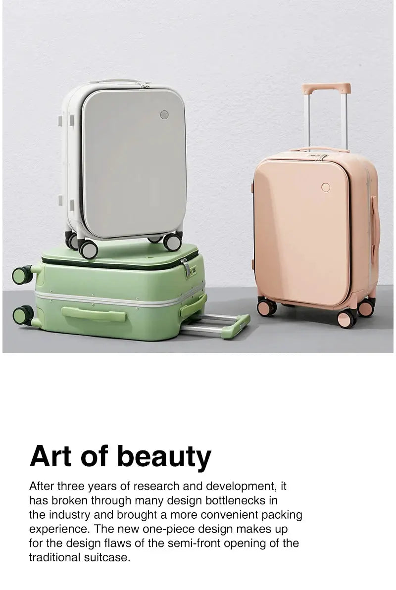 Three-piece Mixi patent aluminum frame carry-on luggage set in mint green, ivory, peach with 18/20/24-in wheels